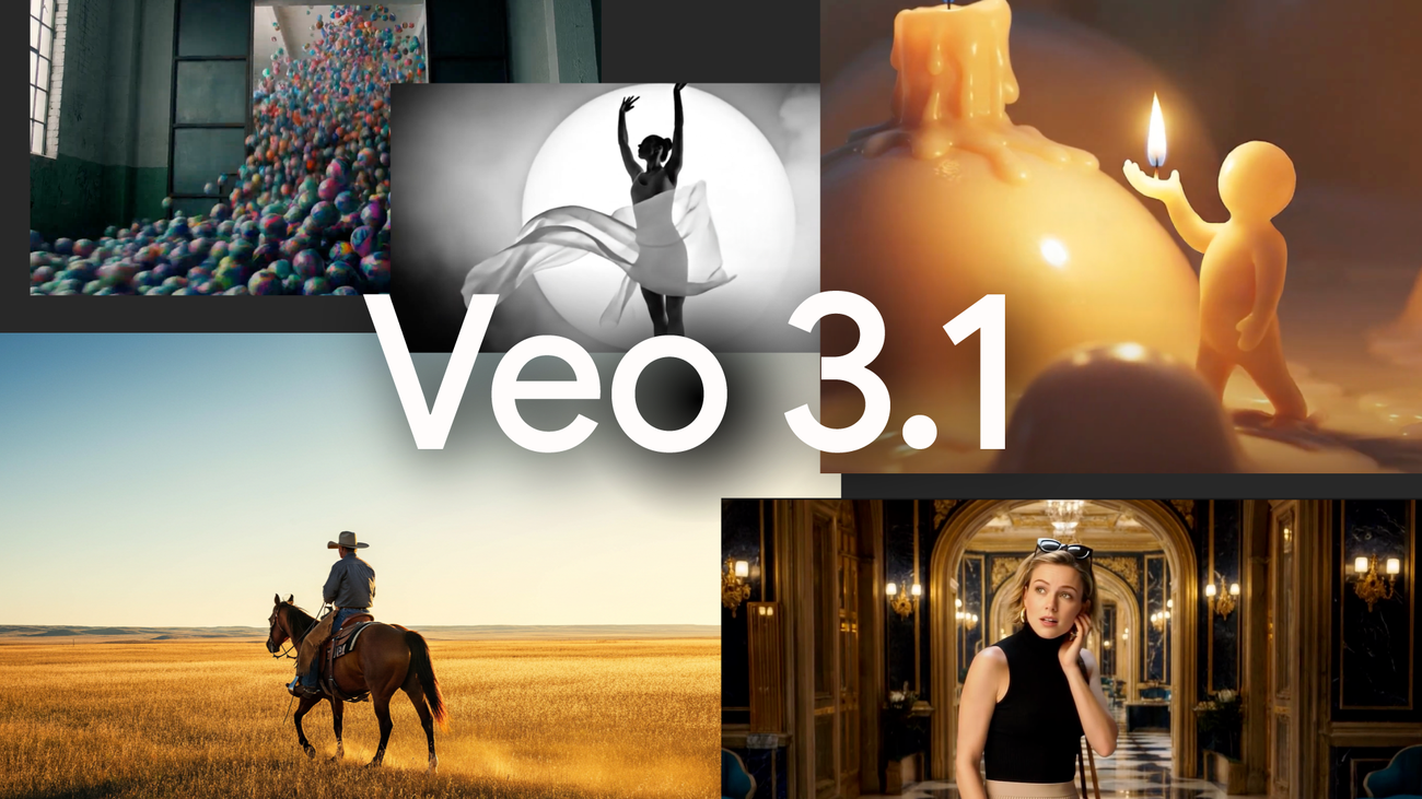 Official Google Veo 3.1 promo collage showing multiple AI video styles